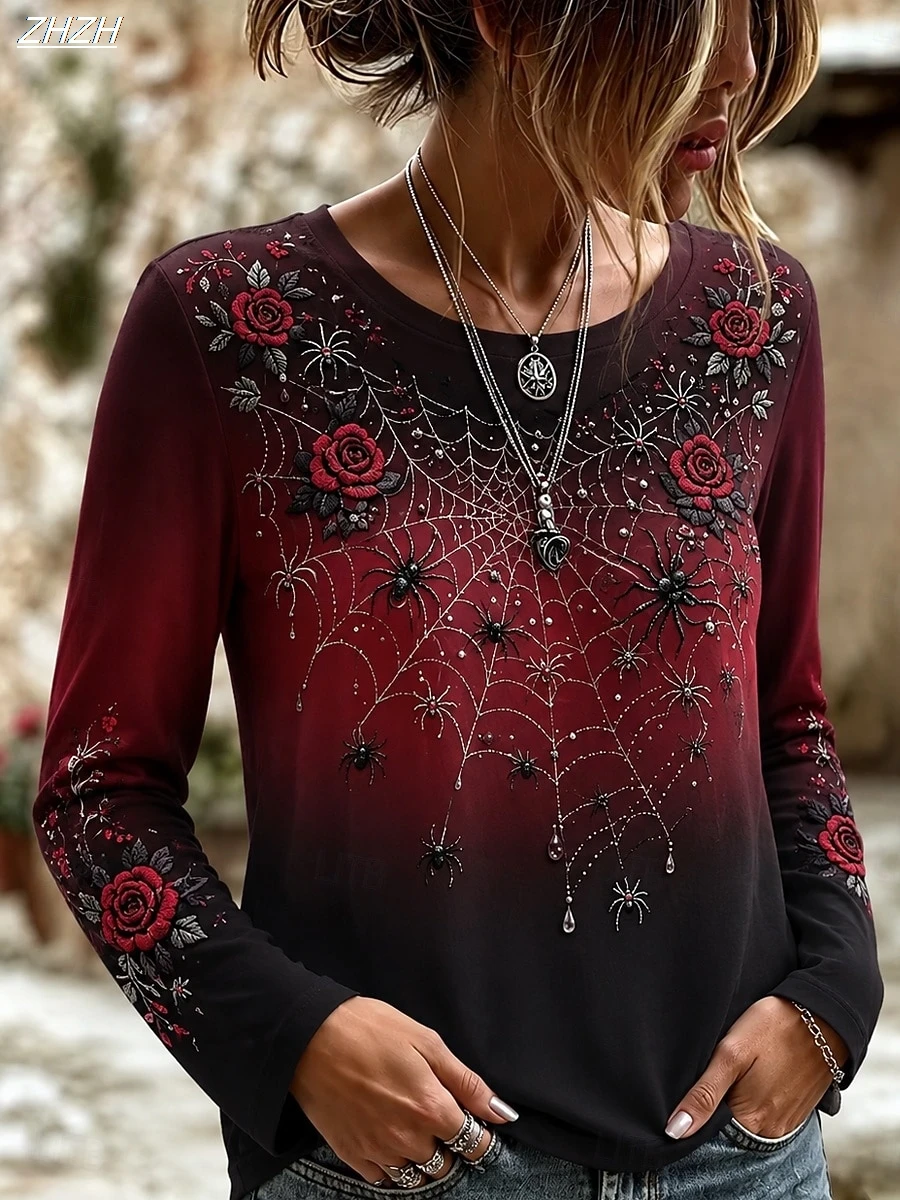Halloween Women's T Shirt Print Graphic Vintage Casual Trendy Long Sleeve Crew Neck Regular Tops Casual t shirt