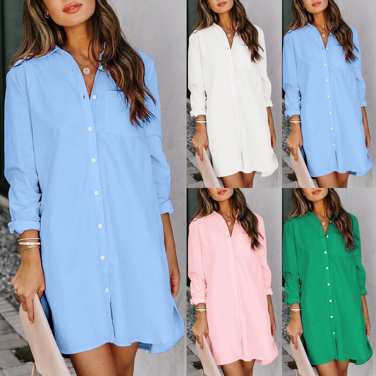 Women Shirt Dress Casual Solid Long Sleeve Turn-down Collar Pocket Dress Split Hem Casual Loose White Dress