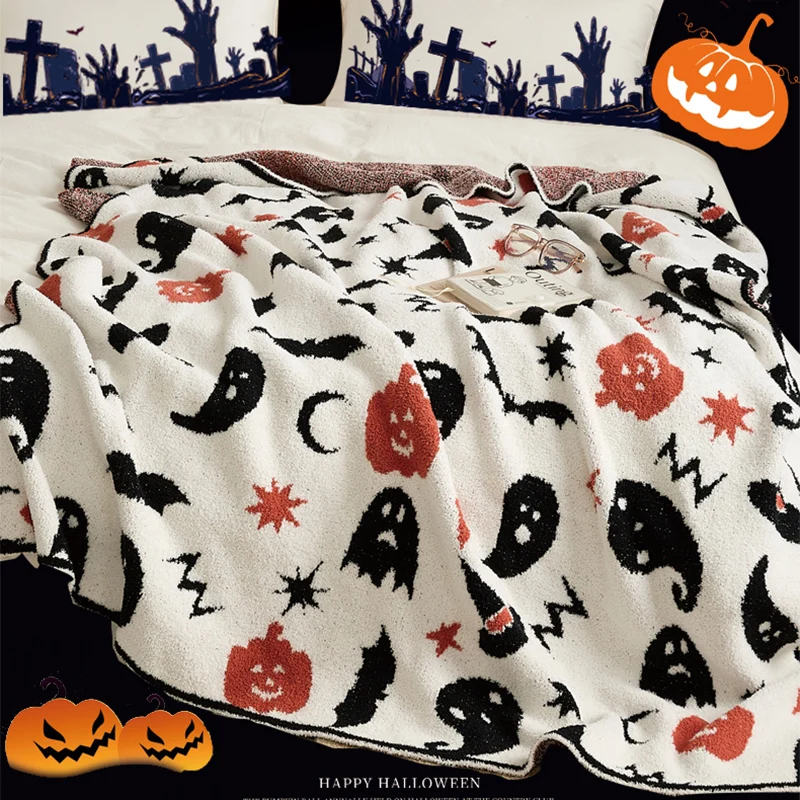 

YIRUIO Cute Halloween Decoration Gift Knitted Blanket Pumpkin Ghost Witch Imp Bat Jacquard Downy Furry Hallowmas Throw Blankets