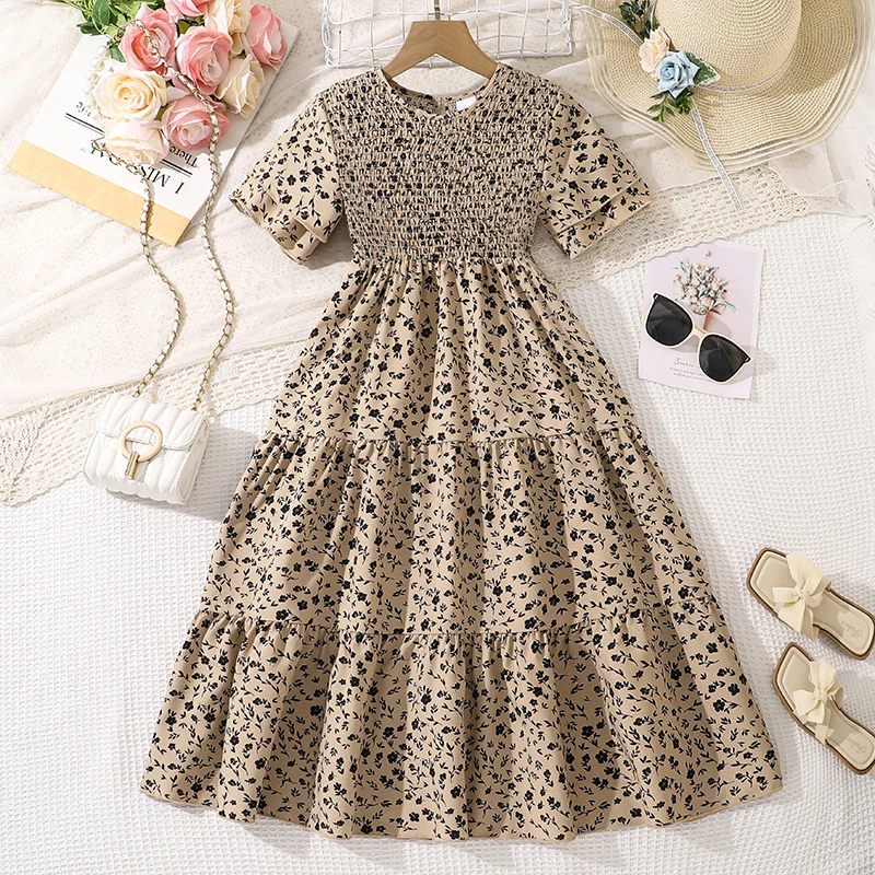 Girls Dress Leopard Pattern Shirred-Bodice Layered Short Sleeve A-line Dress Tween Girls Daily Casual Dress Outgoing Baptism