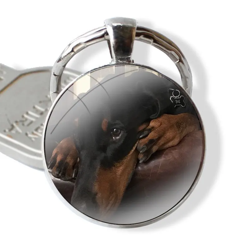 Keychain Handmade Glass Cabochon Key Ring Holder Pendant Key Chains black Dachshund Doberman Dog face