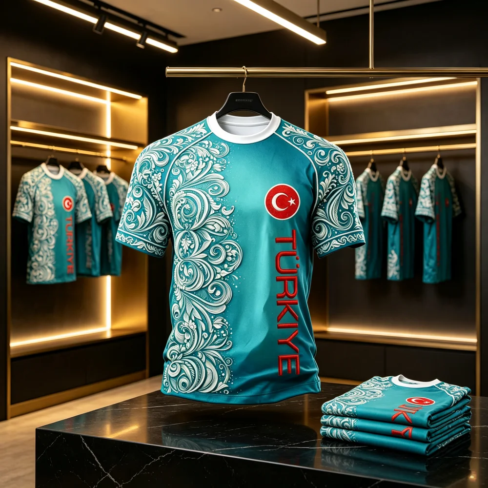 2026 Türkei Fußballtrikot Rot Paisley Blumenmuster TÜRKIYE Halbmond-Stern Ärmel Türkische Sportbekleidung Schnelltrocknend Familien- und Kinder-T-Shirts – Detail 1