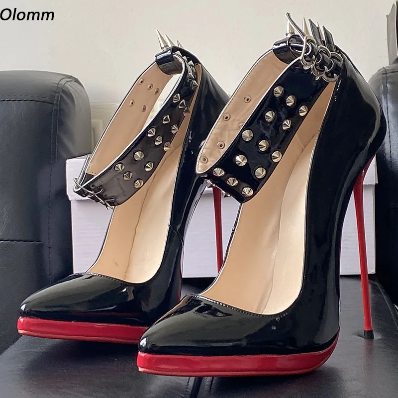 

Olomm New Arrival Women Pumps Patent Studded Stiletto Heels Pointed Toe Beautiful Black Night Club Shoes Women US Size 5-10.5