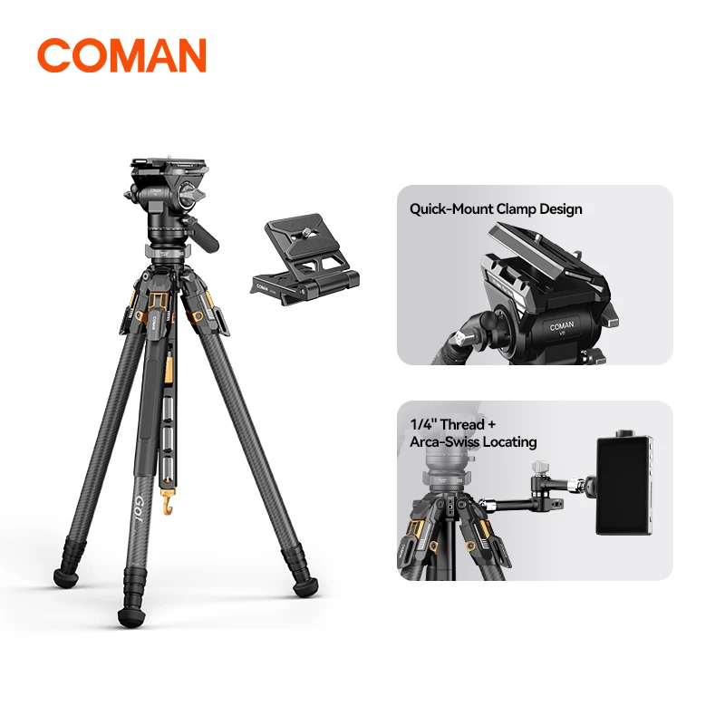 COMAN T1S V5 Carbon Fiber Travel Tripod One Click Quick Release With Panoramic Gimbal Video Head For DSLR Camera Manfrotto DJI