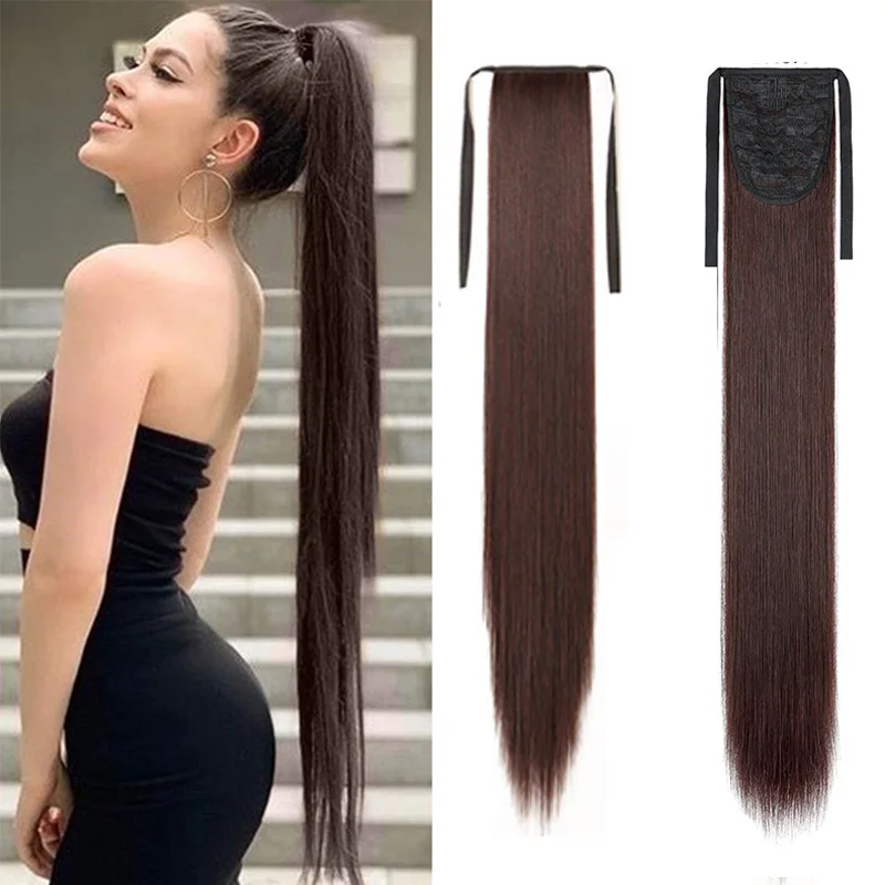 Synthetic 34Inch Long Straight Drawstring Ponytail Clip in Hair Extension Black Blonde Hairpiece for Women