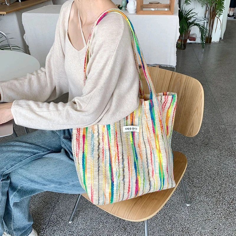 JIOMAY Handbags for Women 2024 Designer Beach Bag Casual with Buckle Cute Tote Bags Stripes Shopper Rainbow Canvas Shoulder Bag