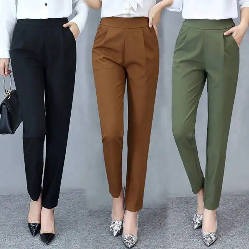 Women's Pants 2024 Korean Fashion Spring Summer High Waist Harem Pants Thin Office Lady Casual Solid Pockets Work Trousers