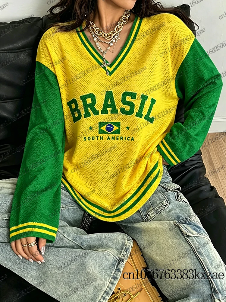 Fall Winter New Vintage Brazil Print Women V-Neck Tshirt Casual Long Sleeve Sports Tees Football Jersey Y2K Loose Oversized Tops