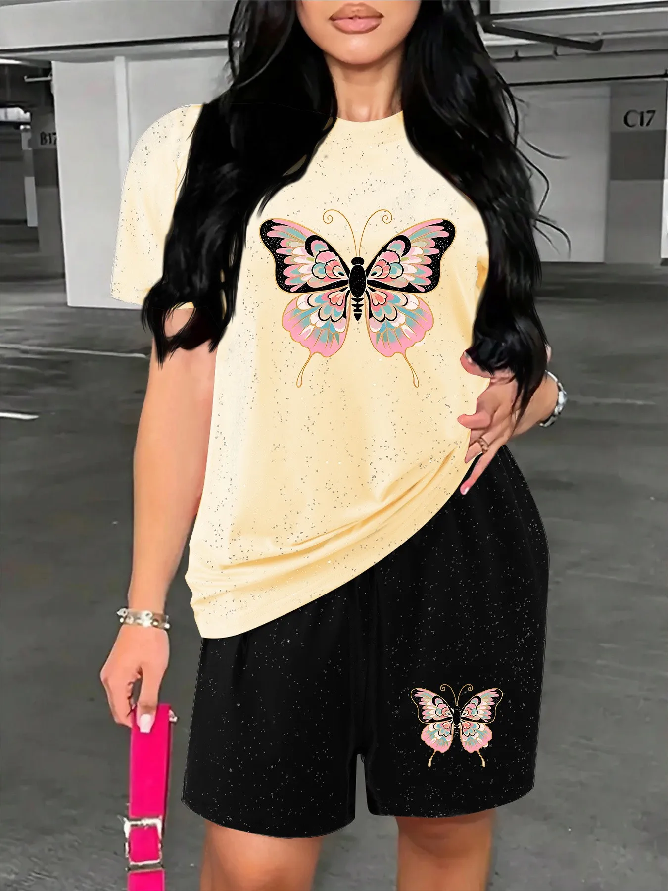 2026 Summer New Street Fashion Casual Versatile Comfortable 3D Butterfly Pattern Printed Women's Short-Sleeve Shorts Set