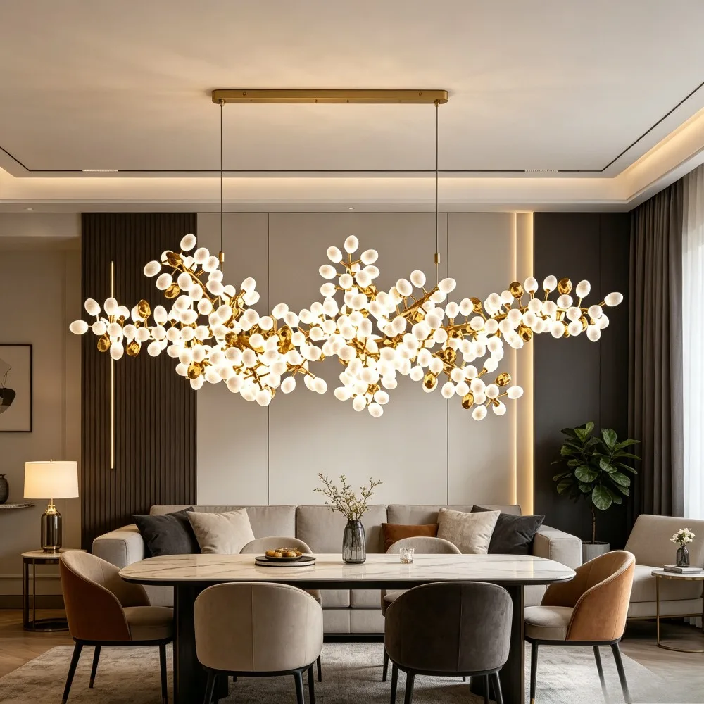 Modern Nordic Gold Chandelier Opal Grapes Glass Shade Dimmable Adjustable Cord Ceiling Light for Bedroom Corridor