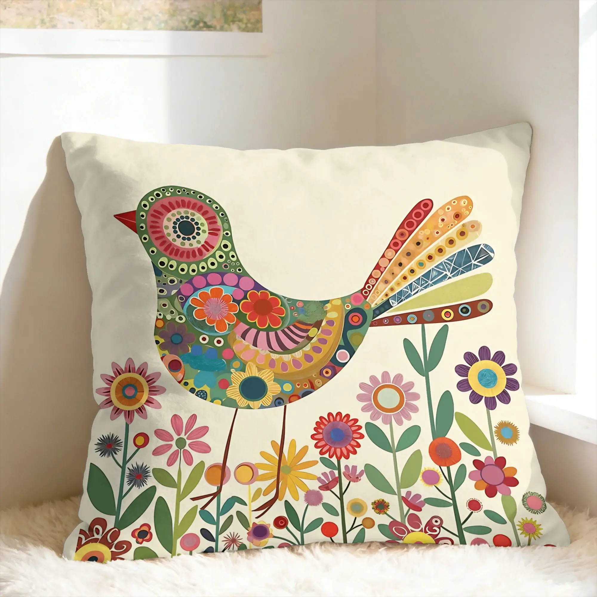 Colorful Bird Floral Pillow Cover  Kawaii Pillow Case For Office Car Home Decor Comfy Pillowcases Gift Idea