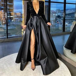 New fashion sexy high quality sequined Red women's long sleeve evening dress Women's deep V neck evening dress