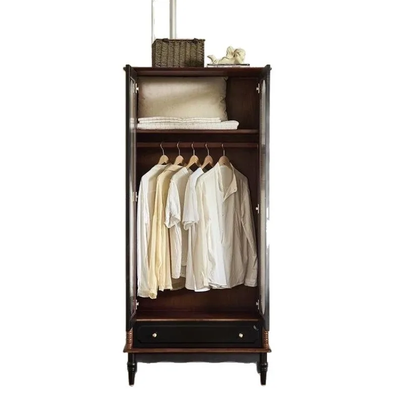 French retro style solid wood wardrobe, simple small apartment against the wall storage cabinet