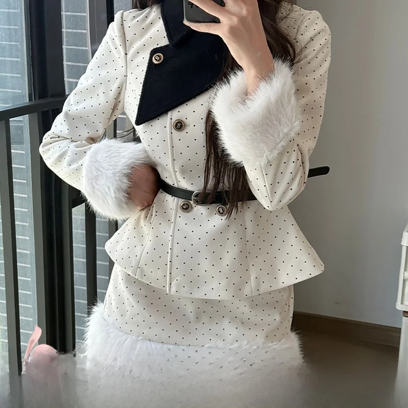 

Faionable Polka Dot Print ort Coat Women's Autumn Winter Long Sve Waist Cinched Jaet Princ Sle Polyester Material