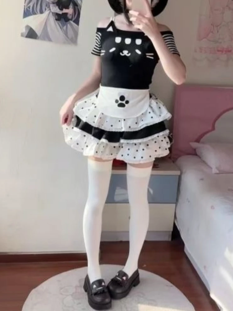 

Japanese Sweet Kawaii 2 Piece Set Women Print Short Sleeve Tops + Polka Dot Cake Skirt New Summer Harajuku Cute JK Fashion Suits