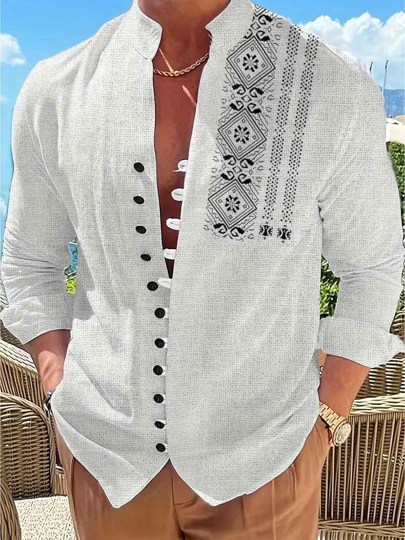 New Men's Linen Long Sleeve Shirt Fashion Vintage Style Ethnic Totem Flower Print Comfortable Men's Top