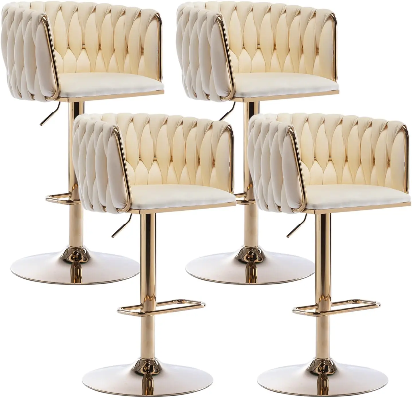 

360° Velvet Swivel Bar Stools Set of 4, Adjustable Counter Height Bar Chairs with Woven Back & Footrest, Luxury Gold Bar Stools