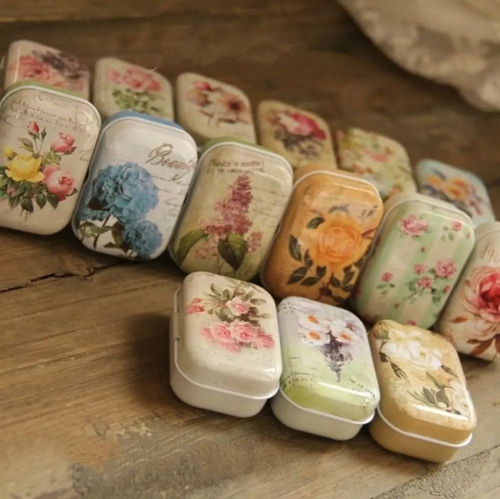 8Pcs Mini Flower Tin Trinket Jewelry Organizer Storage Box Decorative Boxes Small Metal Tins with Hinged Lids Portable Box
