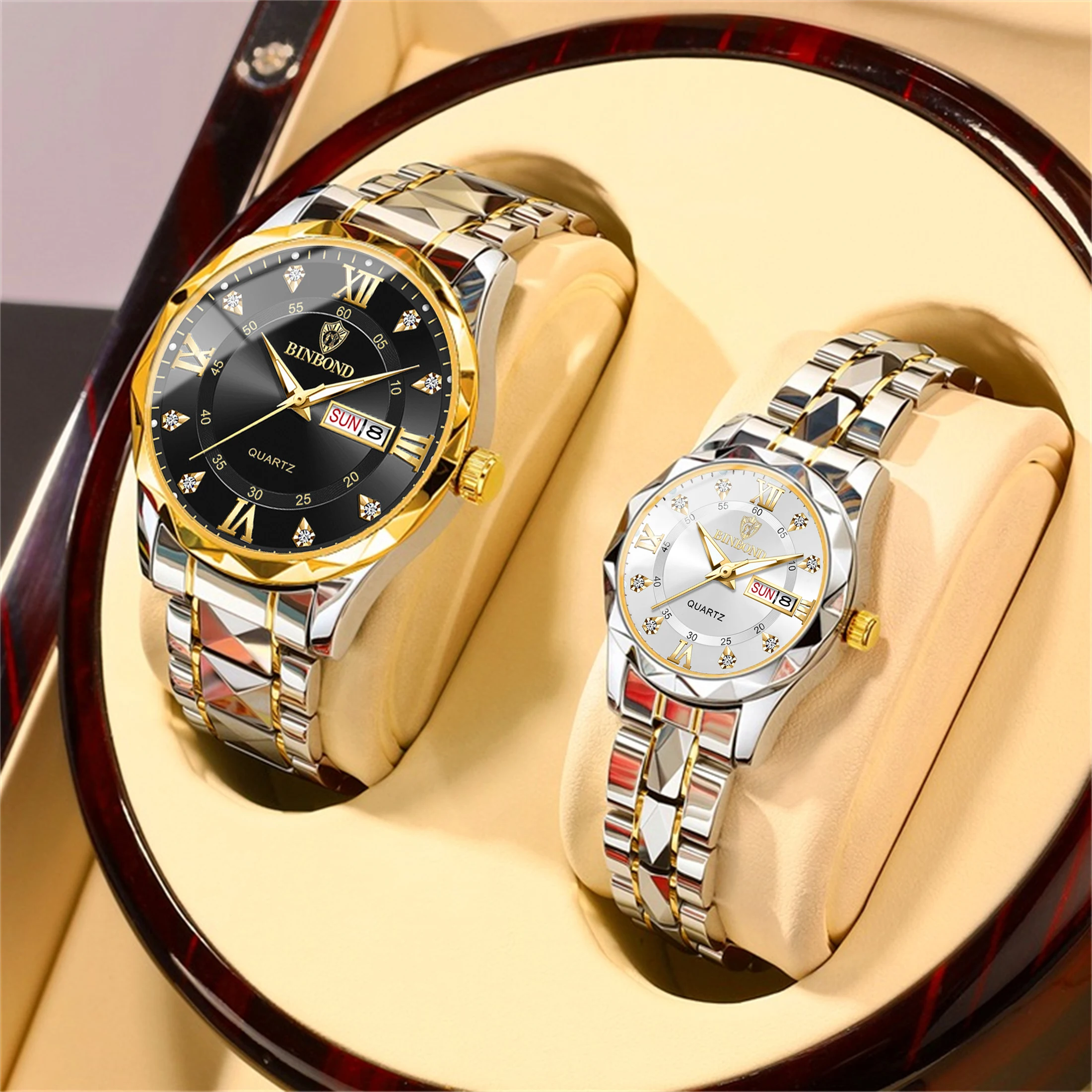 2pcs/set Couple Watches 30M Waterproof Fashion Valentine\'s Day Gift Stainless Steel Crystal Watch Men Women Quartz Watch 2521