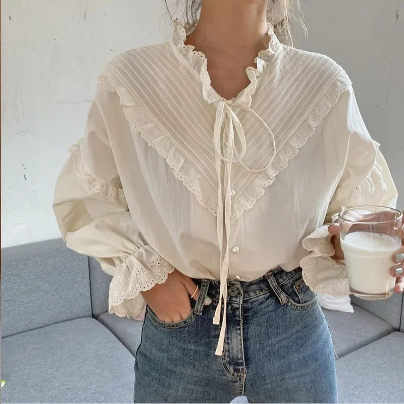 

New Spring Summer Vintage Fashion Long Sleeve Women Lace Blouse Elegant Hollow Out Solid Lace Up Bow Loose Blouses Blusas 9580