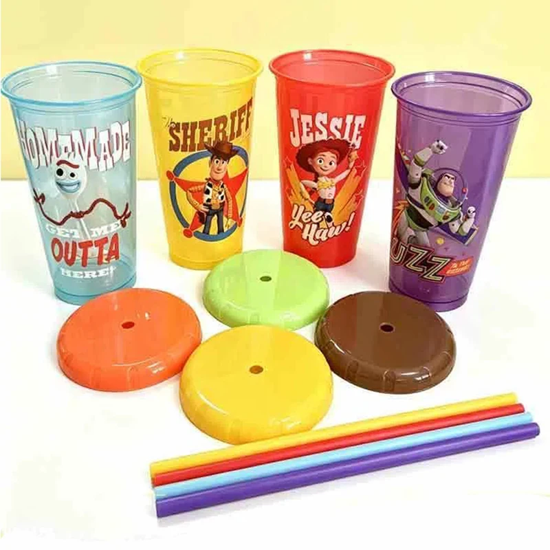 4Pcs Toy Story Straw Cup Cartoon Woody Buzz Lightyear Plastic Straw Water Cup Set Lidded Drinking Cups Party Tableware Gifts