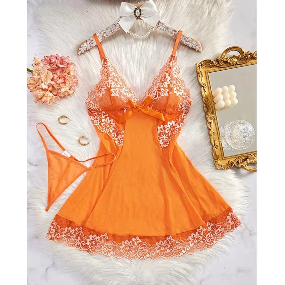 

Women Nightdress Sexy Lace Chemise Bow Nightgown Sleepwear Mini Dress V Neck Full Slip Babydoll Lingerie Sleepwear & Dresses