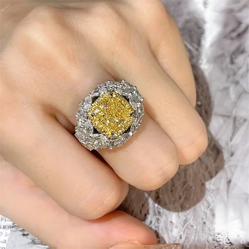 Sterling silver dazzling colored gemstone yellow diamond ring for women, open-ended, exquisite and high-end, index finger ring