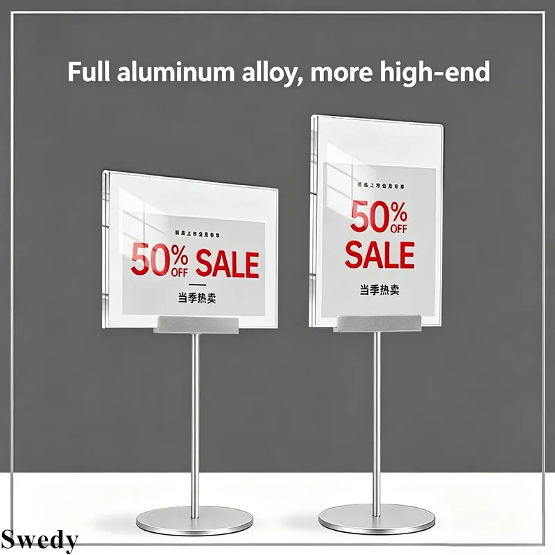 2 Pieces A4 Aluminum Table Acrylic Sign Holder Stand Adjustable Pole Fits 5mm KT Board Clip Advertising Poster Display Rack