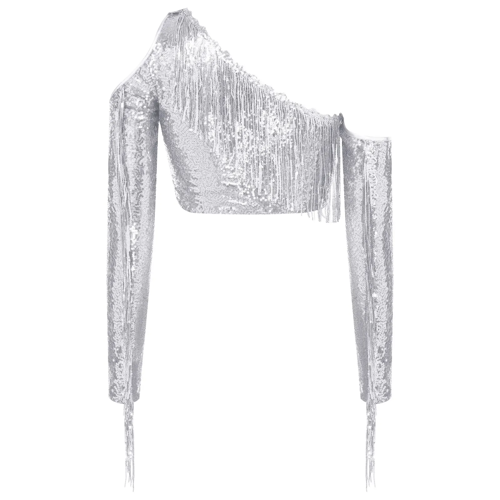 Women's Sparkly Dance Party Top Sequin Clubbing Disco Outfit One Shoulder Crop Top Cold Shoulder Long Sleeve Tassel Crop T-shirt
