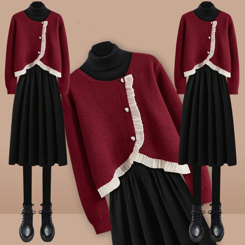 Spring Autumn Fashion Outfits New Little Fragrant Red Knitted Cardigan Sweater Women's High Neck Slim Dress Two Piece Set