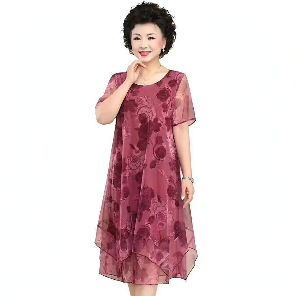 Elegant Summer Floral Mesh Dress Women Plus Size Casual Loose Fit Short Sleeve A Line Midi Breathable Apparel