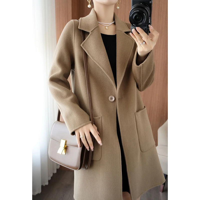 

Autumn Winter Girls Chic Fashion Mid-Long Jackets Female Classic Woolen Blends Coats Clothes Women Leisure Daily Coat