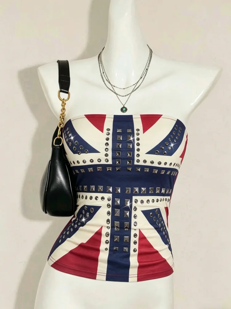 Union Jack Print Studded Tube Top British Flag Rhinestone Strapless Slim Cropped Bustier