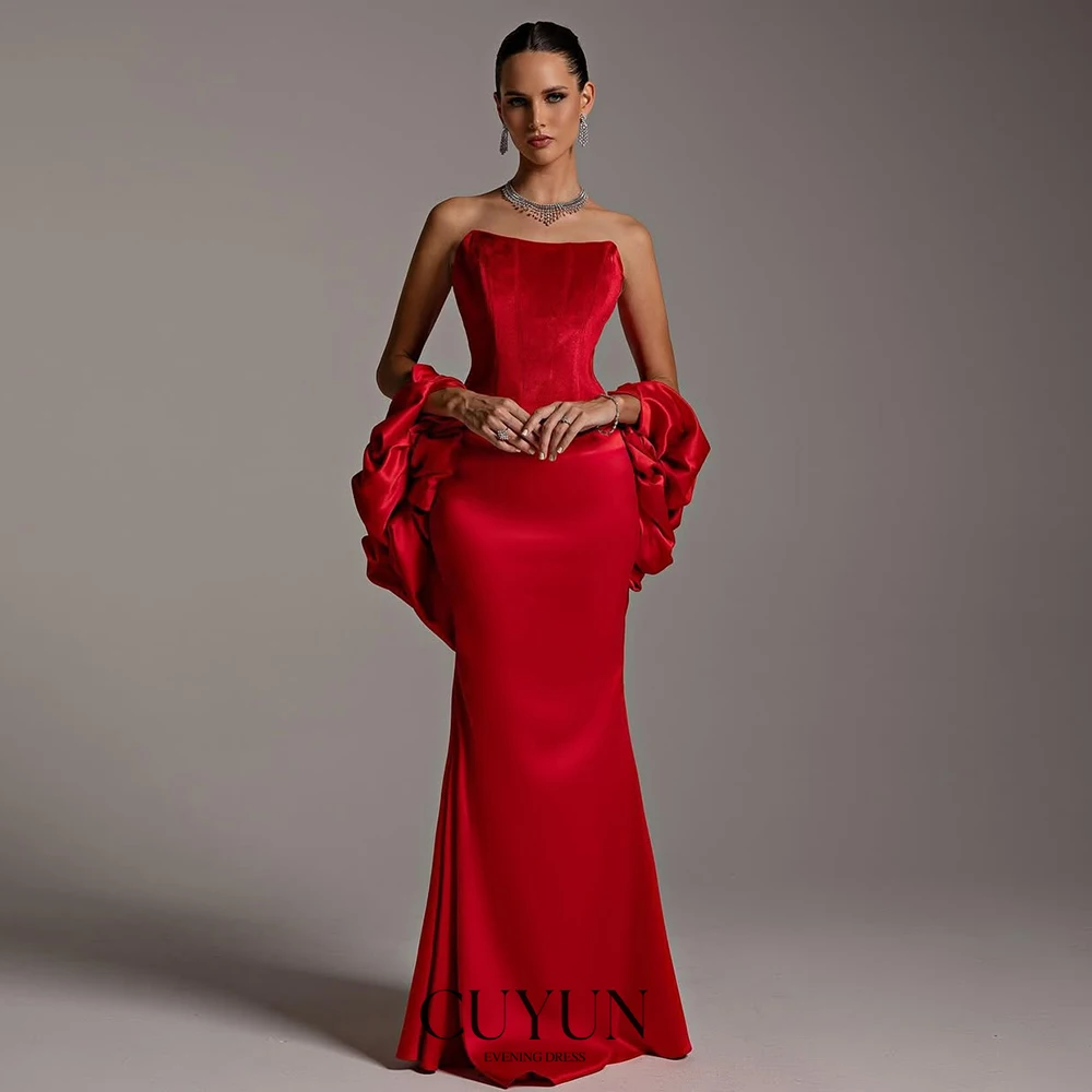 

CUYUN Red Mermaid Evening Dresses with Shawl Elegant Strapless Satin Formal Dresses Women Banquet Gown for Special Occasion