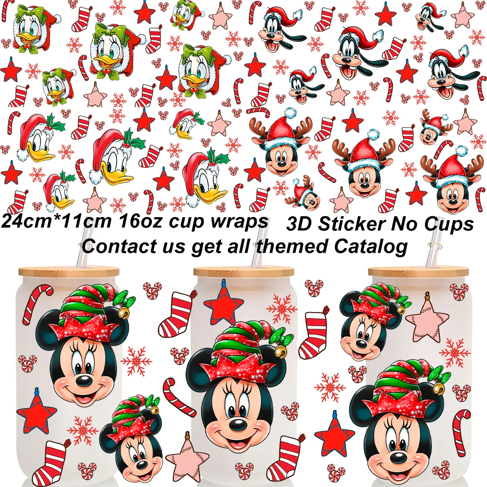 Christmas Cartoon Mouse Friend UV DTF Cup Wraps 16oz Libbey Cup 3D Transfer Stickers Waterproof Xmas Snowflake Cup Decals