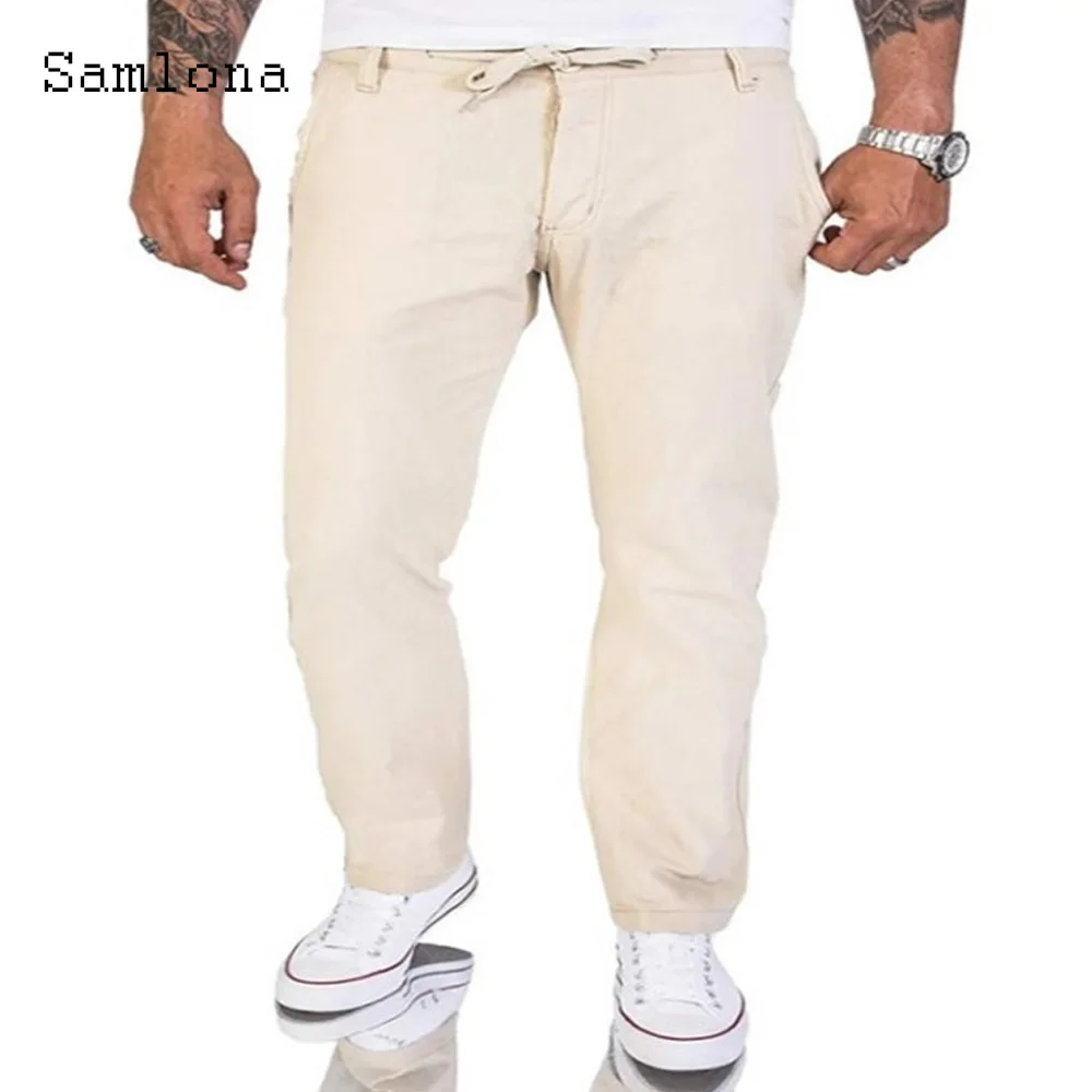 

Samlona 2023 Men's Pocket Linen Pants Solid Drawstring Loose Straight Leg Trousers Plus Size 3xl Mens Fashion Leisure Sweatpants