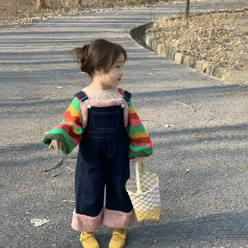 

Two Pieces Autumn Baby Girls Clothes Set Rainbow Knitted Sweaters Black Patchwork Pink Border Kids Overalls Pants