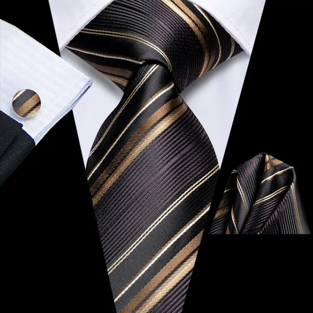

Black Brown Striped Hi-Tie Designer 2023 New Gift Tie for Men Fashion Brand Wedding Party Necktie Handky Cufflinks Wholesale