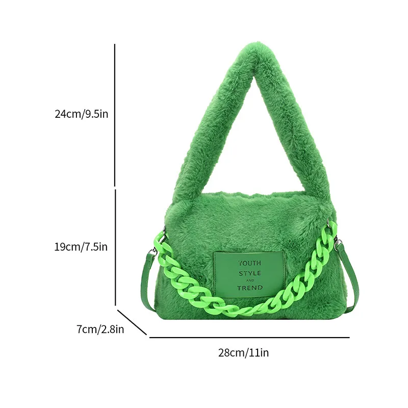 Green Design Plush Shoulder Bag For Women Fashion Chain Handbag Underarm Shopper Purse Winter Clutch Soft Fluffy Crossbody Bag