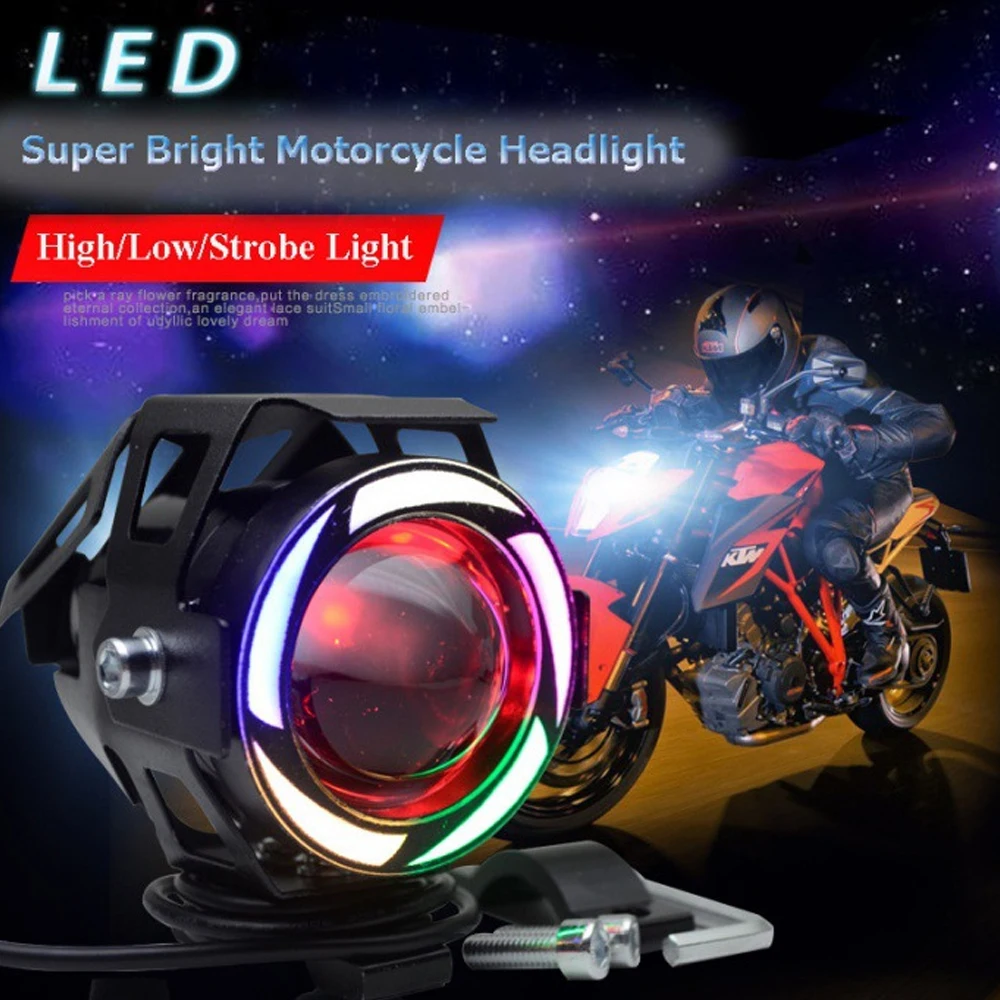 Motorcycle LED Headlight U7 Moto Lights for Scooter Motorbike Fog Lamp Angel Devil Eyes LED External Flashing Warning Light 12V