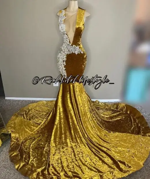 Vestido De graduación africano americano dorado, vestido De noche con apliques De terciopelo transparente De sirena para niñas negras, vestido De noche nigeriano