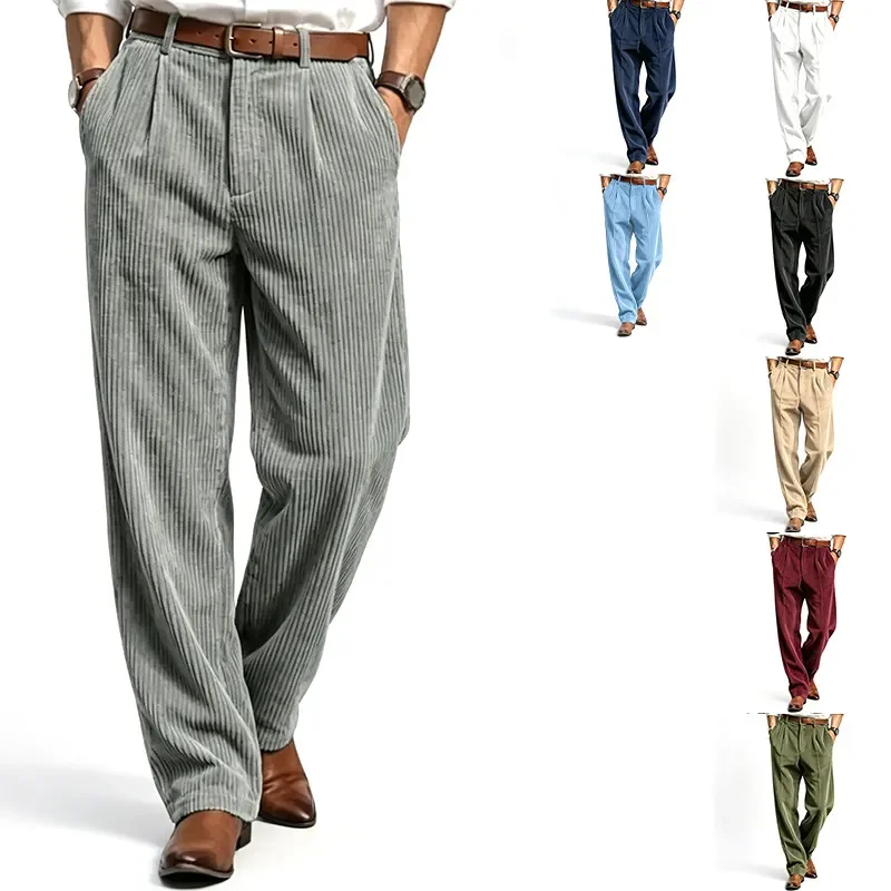 Men's Autumn Winter Corduroy Straight‑Leg Trousers, Solid Color Business‑Casual Long Pants For Office Commute Outdoor Daily Wear
