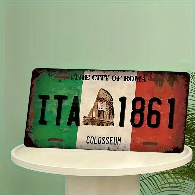 Aluminum Painting Vintage Rome ITA 1861 License Plate with Colosseum & Italian Flag Retro Metal Tin Sign Wall Decor For Home Bar
