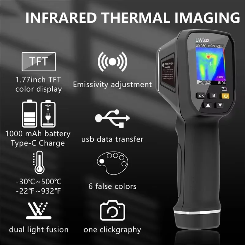 Infrared Thermal Imager Handheld 300000 Pixels Thermal Imaging Camera USB Rechargeable with Colorful Display, 0.01-1 Emissivity