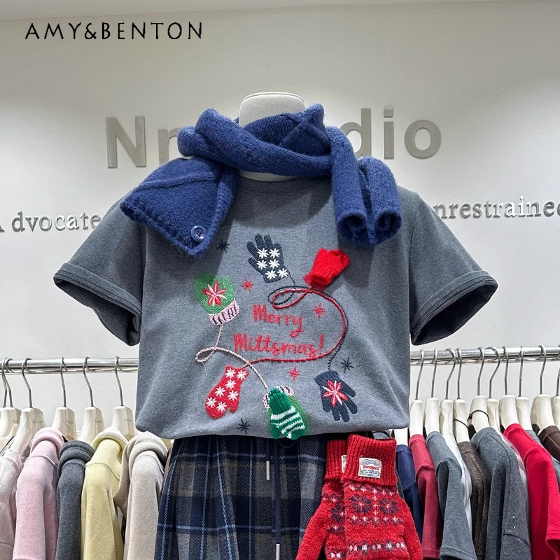 

Thickened Brushed Short Sleeved T-shirt New Autumn Winter Heavy Embroidery Cartoon Fashionable Regular Shoulder O-Neck Top Tees