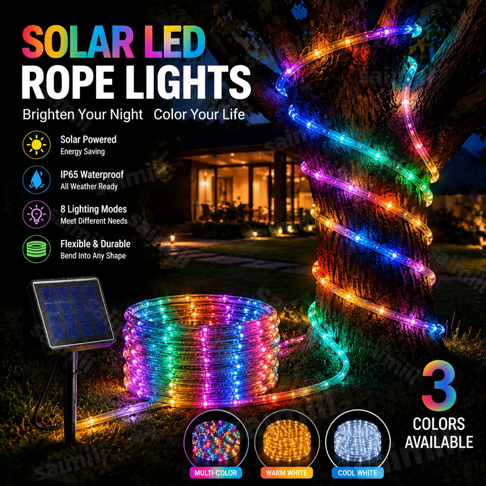 Solar Powered Rope Tube LED String Light 8 Modes Waterproof Outdoor Glow Garland for Garden Fence Patio Holiday Home Party Decor