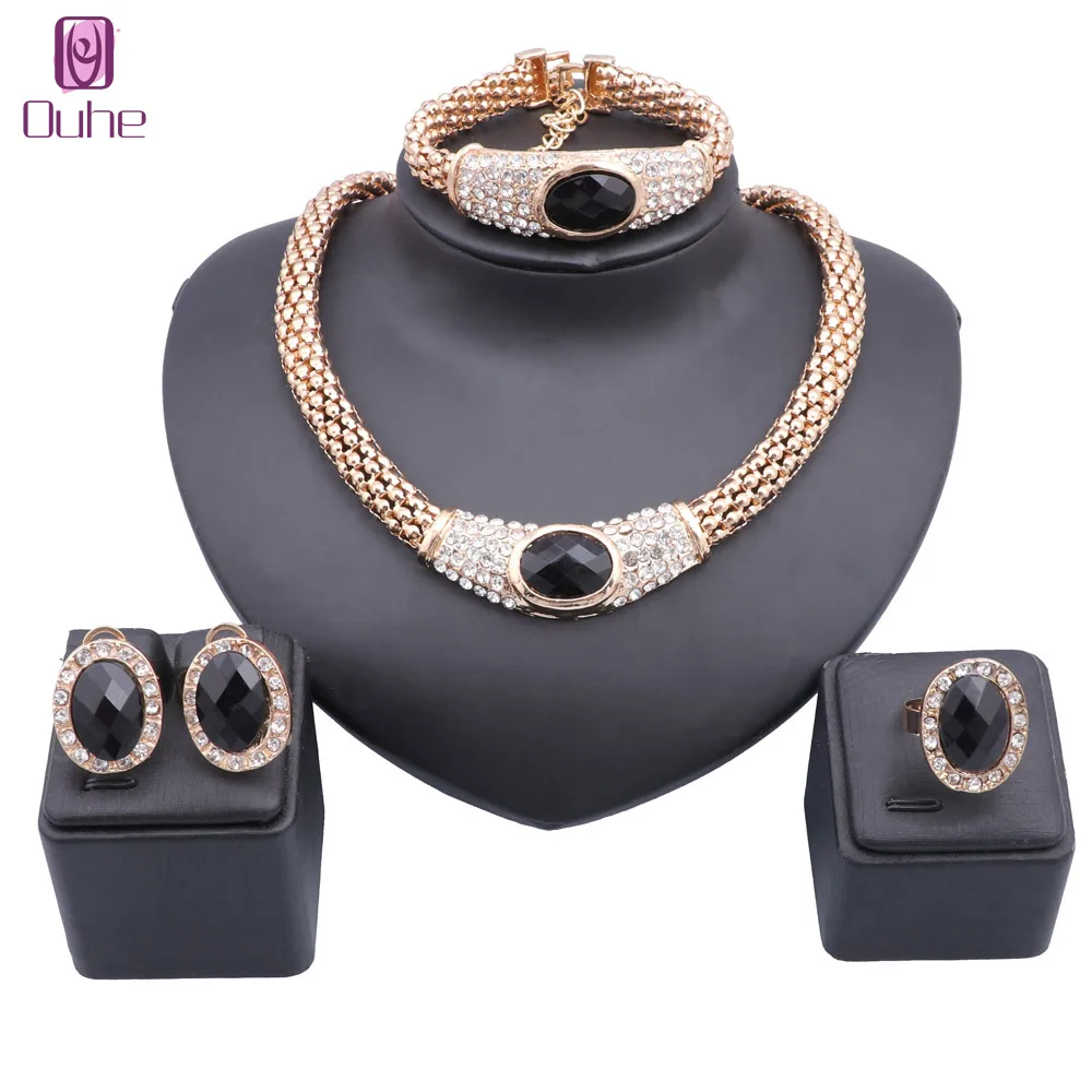 Women Gold Color Chain Choker Crystal Necklace Earring Bracelet Ring Bridal Christmas Gift Costume Jewelry Set