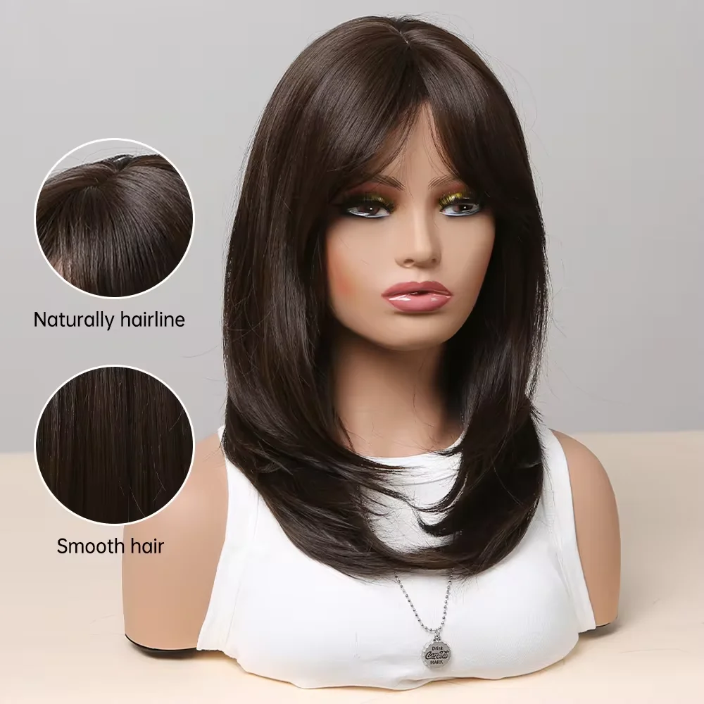 ESIN Brown Natural Synthetic Hair Wigs with Bangs Medinum Length Straight Layered Wig for Women Daily Party Use Fake Hair Fiber