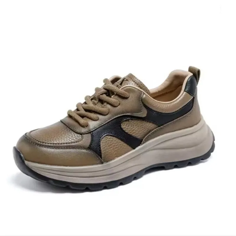 

Lightweight Casual Sneakers For Women Chunky Platform Thick Sole Mixed Colors Genuine Leather Retro Lace-Up Single Shoes