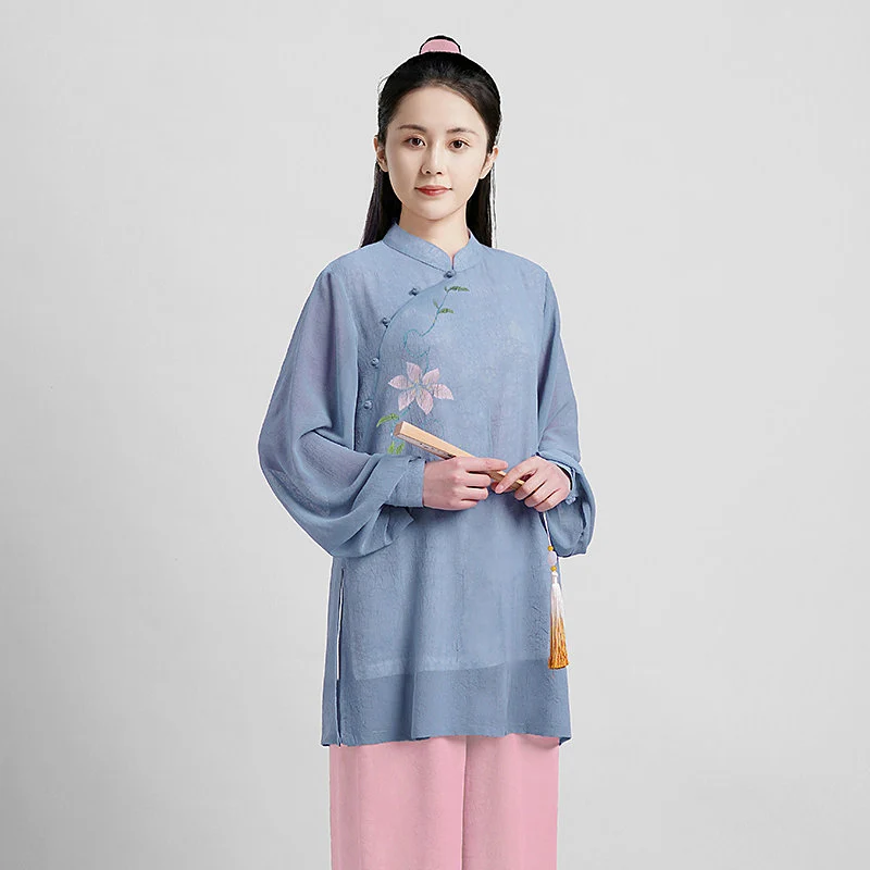 Women's Premium Tai Chi Uniform - Hand-Painted Ramie Gauze, Mid-Length Martial Arts Outfit for Baduanjin & Performance (Unisex)